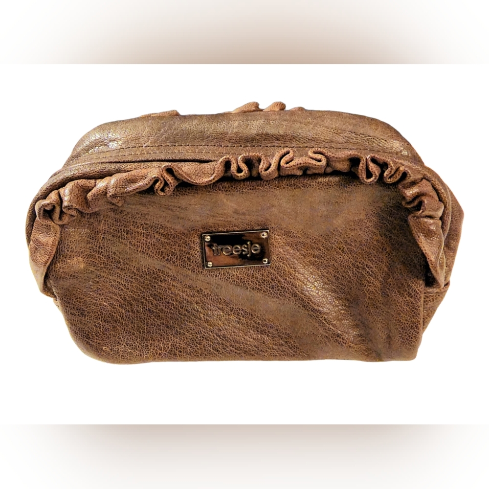 Treesje Brown leather with ruffle makeup bag pouch